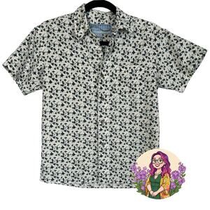 VTG Address Unknown White Teal Navy S Atomic Pattern Retro 90s Mod Poly Button